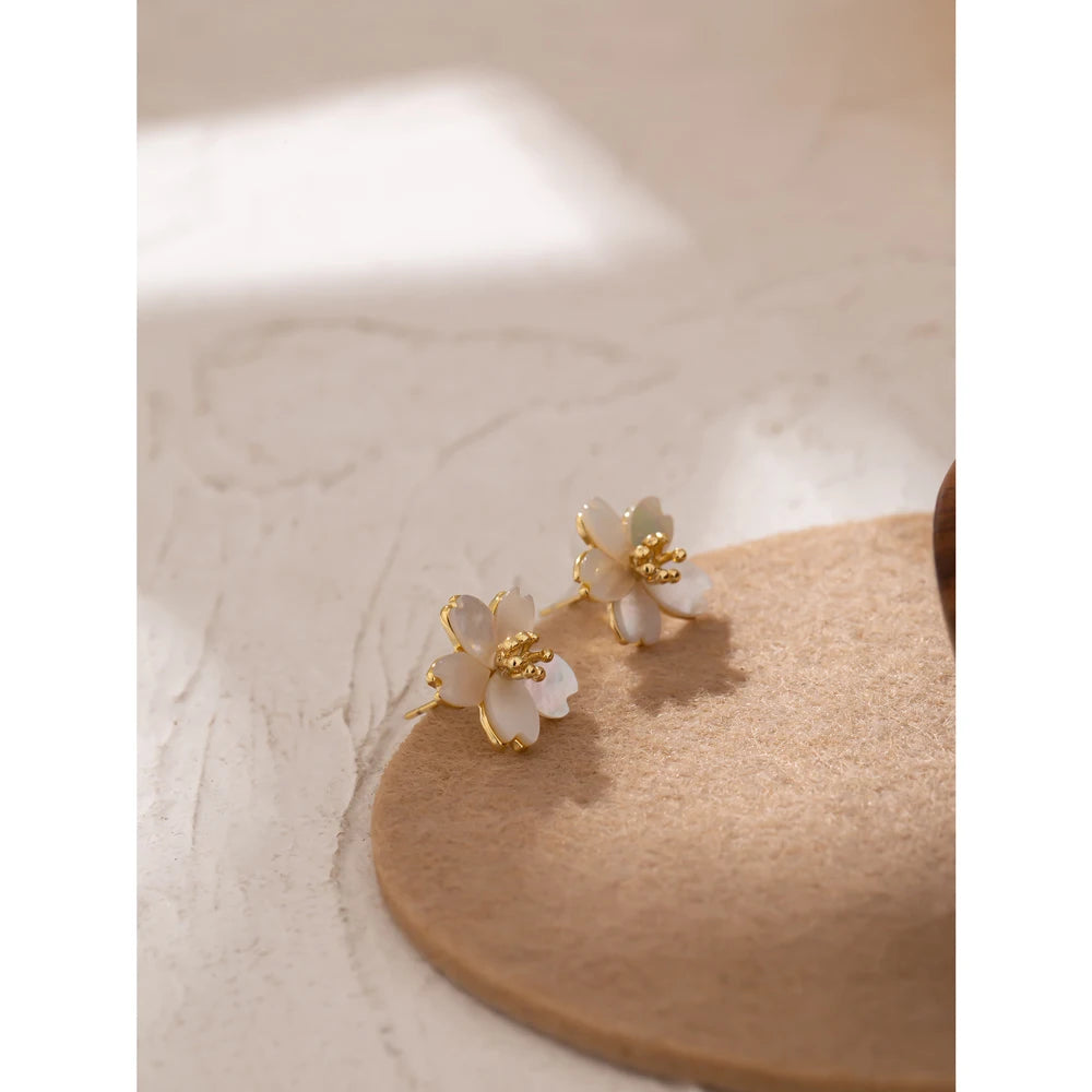 Natural Shell Flower Stud Earrings  16 K Plated Metal Jewelry