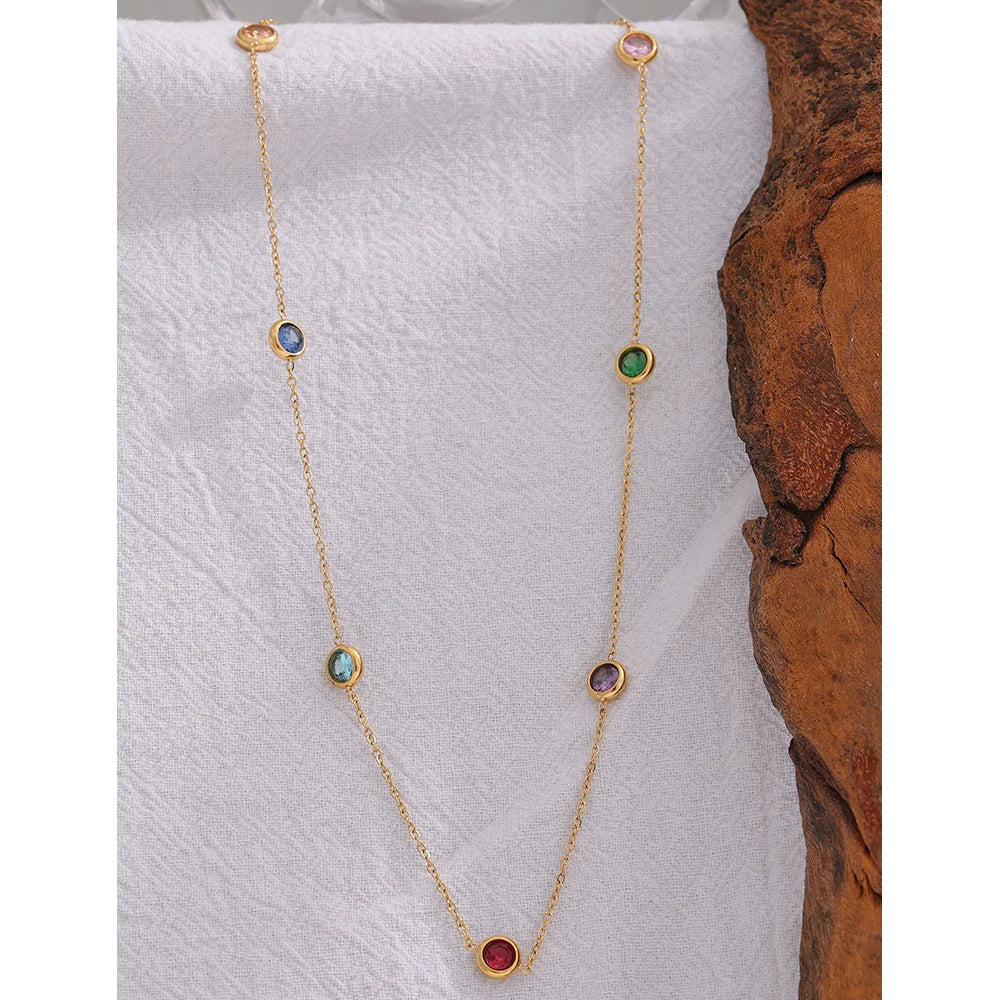 Stainless Steel Chain Necklace Delicate Colorful Cubic Zirconia Collar Necklace