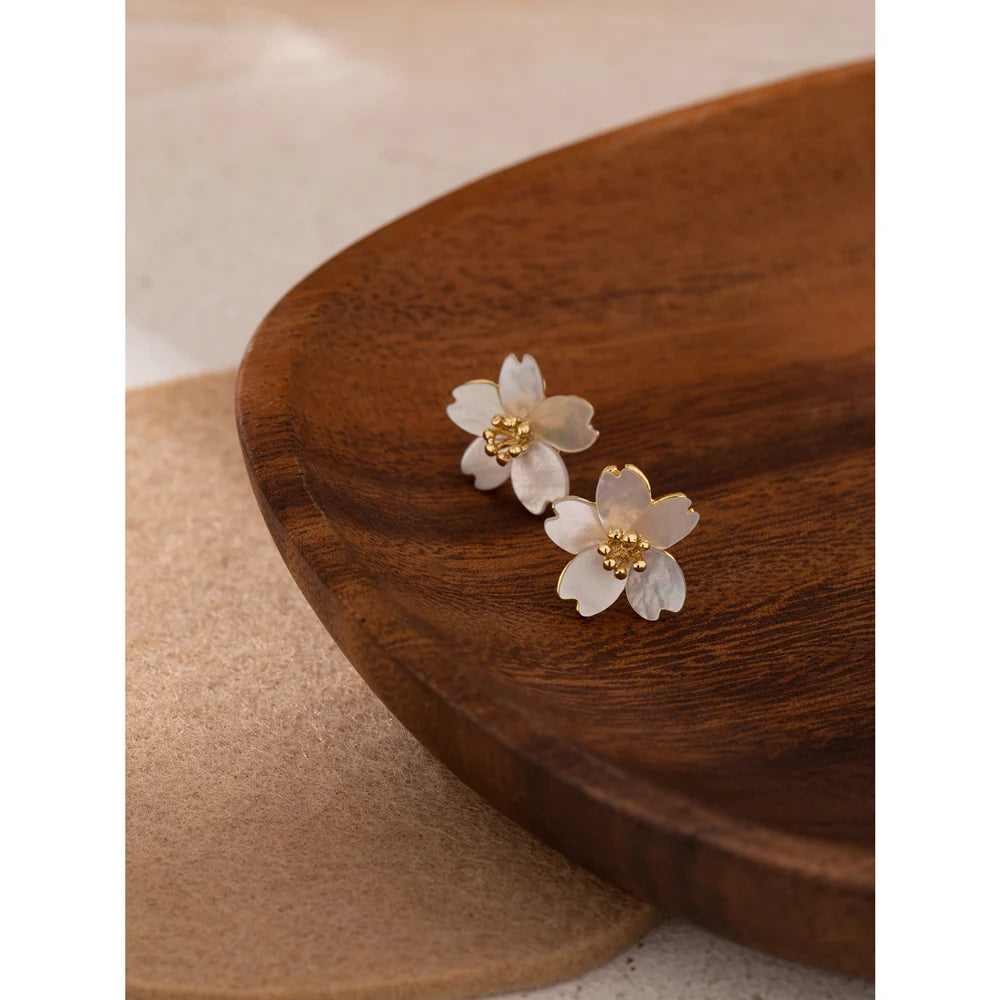 Natural Shell Flower Stud Earrings  16 K Plated Metal Jewelry