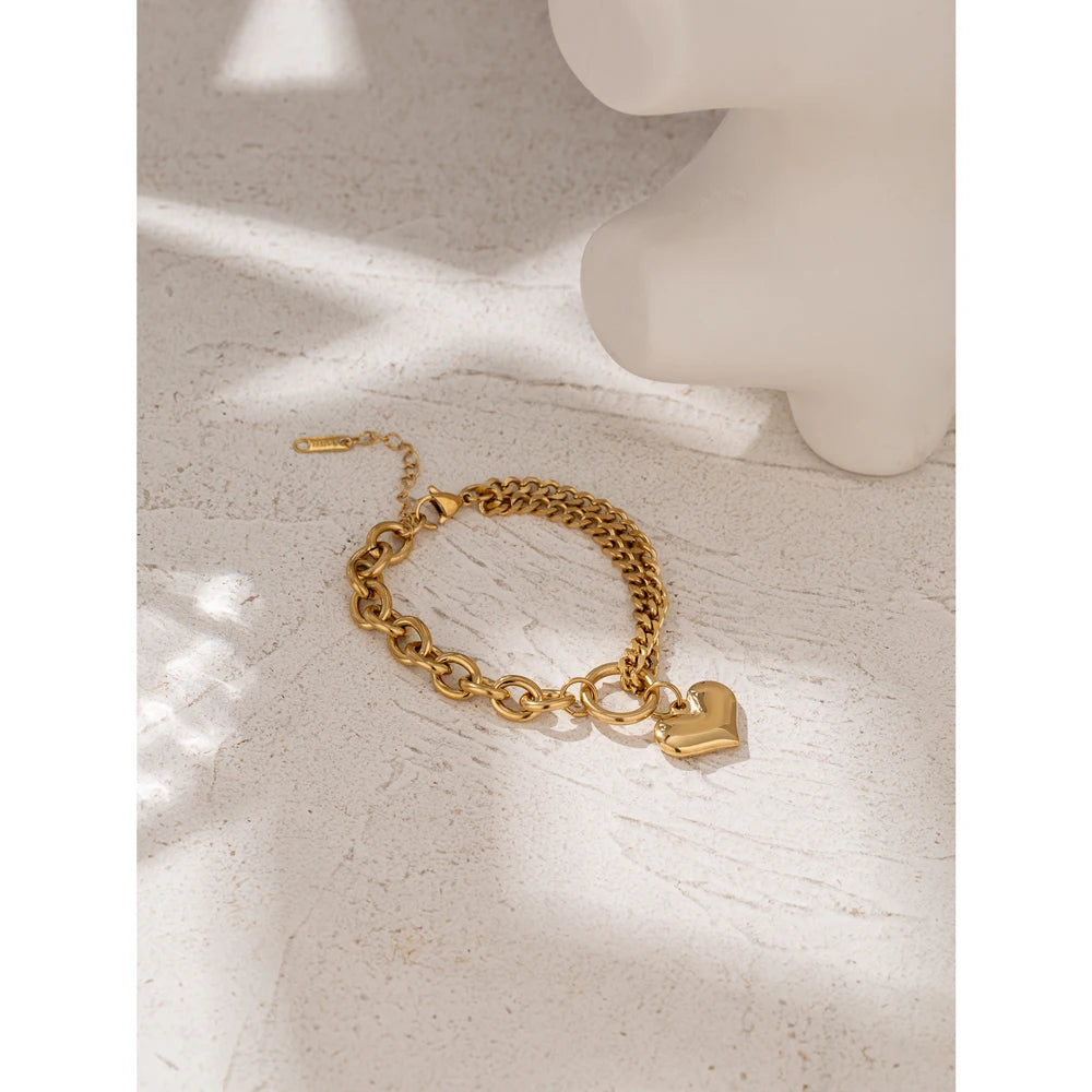 Statement Heart Pendant Bracelet Stainless Steel Gold 18 K Plated