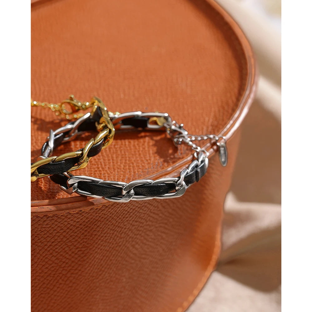 Trendy Leather Chain Bracelet Jewelry Stainless Steel Metal  18 K Statement