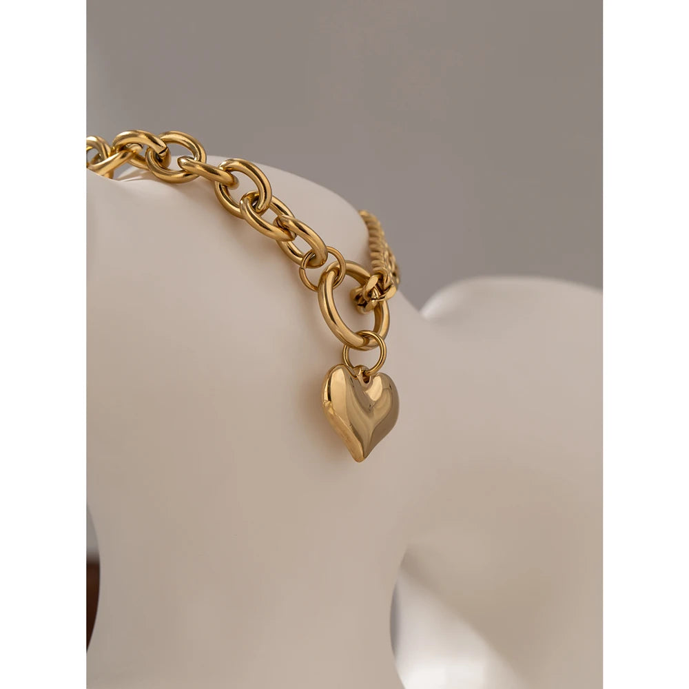 Statement Heart Pendant Bracelet Stainless Steel Gold 18 K Plated