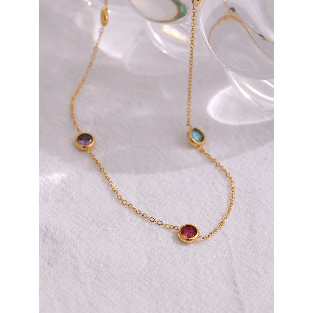 Stainless Steel Chain Necklace Delicate Colorful Cubic Zirconia Collar Necklace