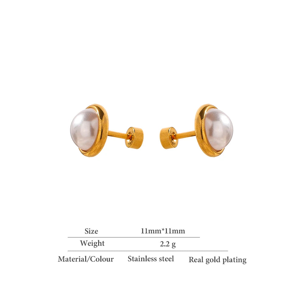 Pearls Screw-Back Stud Earrings Trendy Stainless Steel Jewelry 18 K Plated