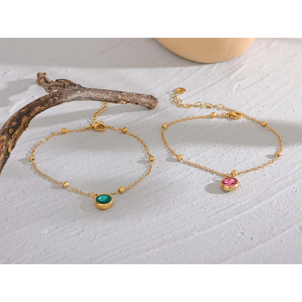 Stainless Steel Gold Color Stylish Anklet for Women Exquisite Pink Green Cubic Zirconia Chain Waterproof Summer Jewelry