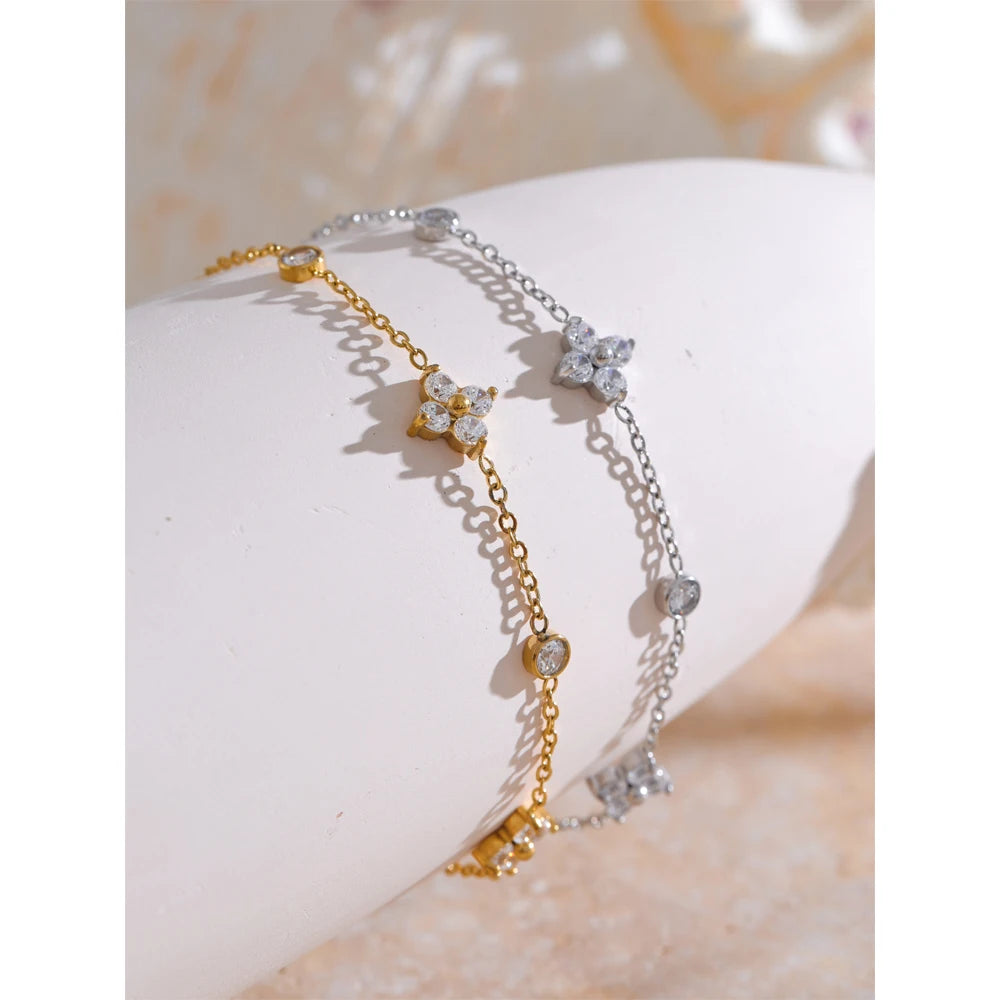 Cubic Zirconia Flower Chain Thin Bracelet