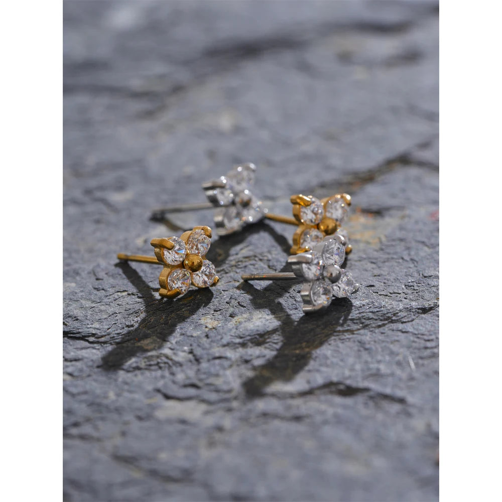 Waterproof Shiny Cubic Zirconia Flower Sweet Stud Earrings