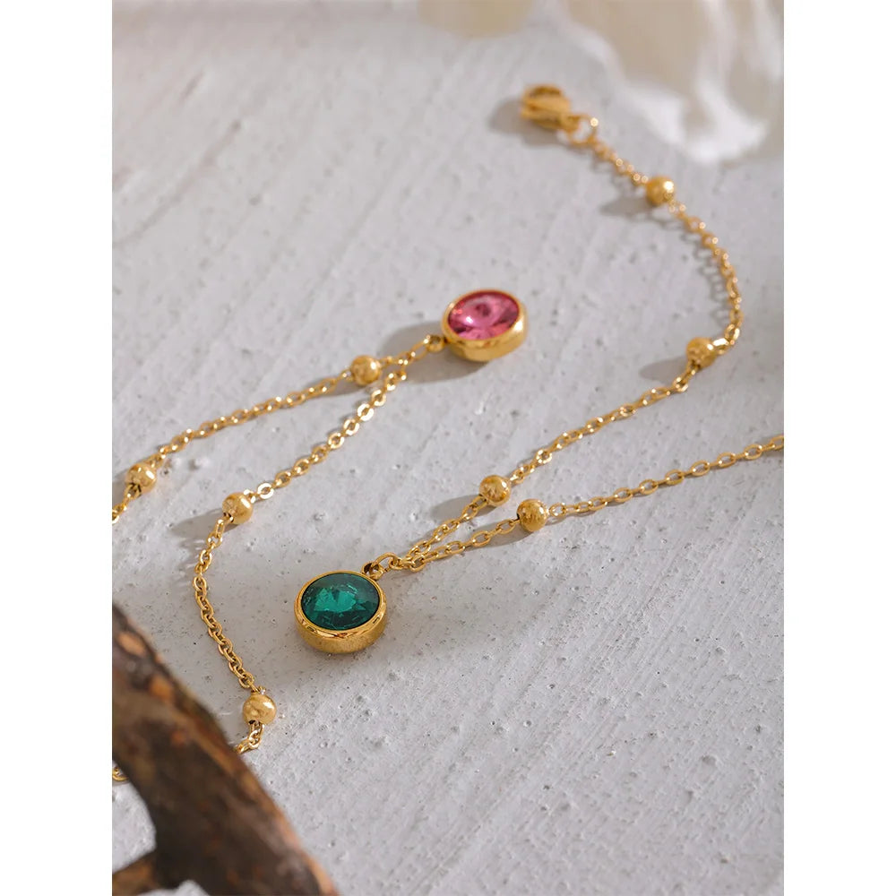 Stainless Steel Gold Color Stylish Anklet for Women Exquisite Pink Green Cubic Zirconia Chain Waterproof Summer Jewelry