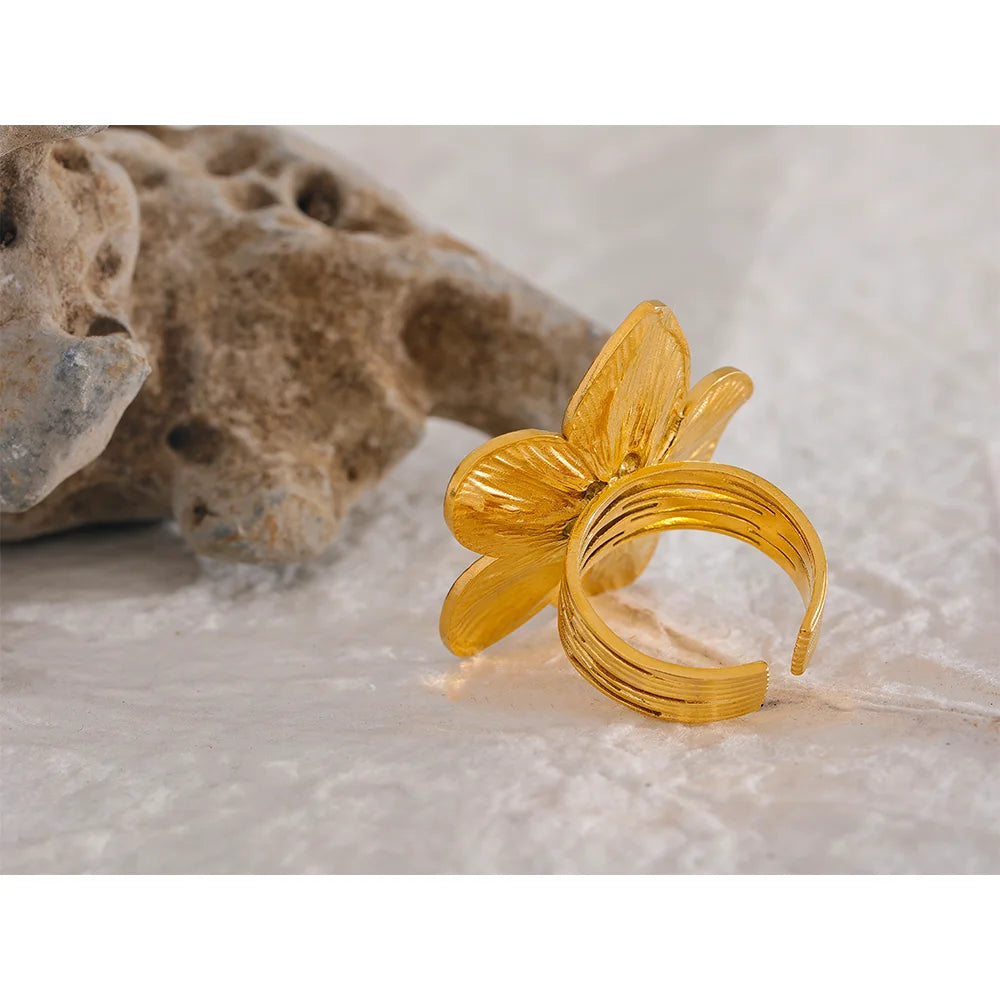 Waterproof 18K Gold Color Stainless Steel Flower Big Open Ring