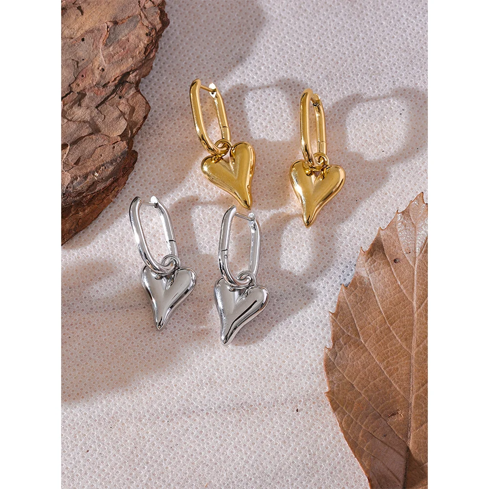 Stainless Steel Heart Love Drop Hoop Earrings