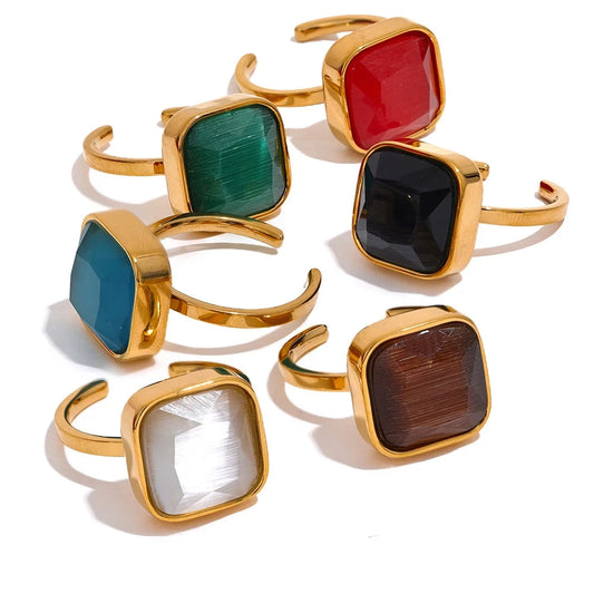 Colorful Opal Natural Cat Eye Stone Stainless Steel Square Open Ring