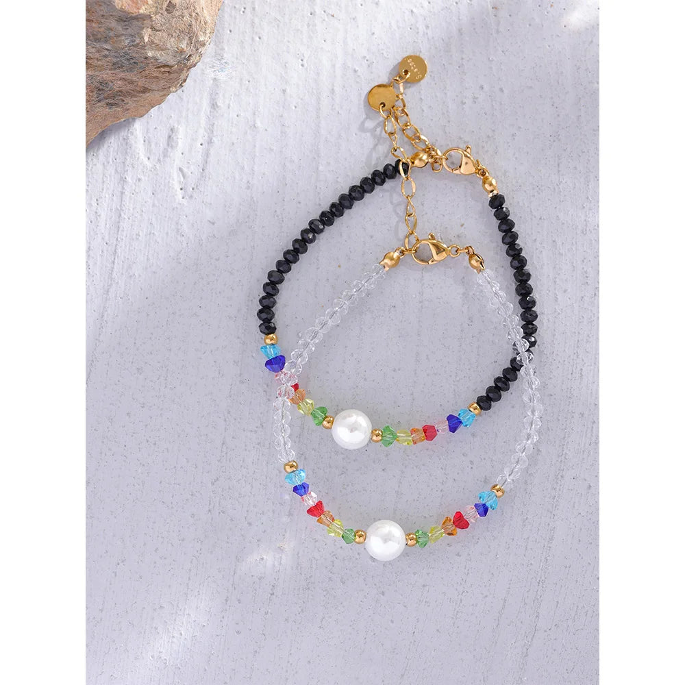 Colorful Crystal Natural Pearl Bead Chain Stainless Steel Handmade Bracelet