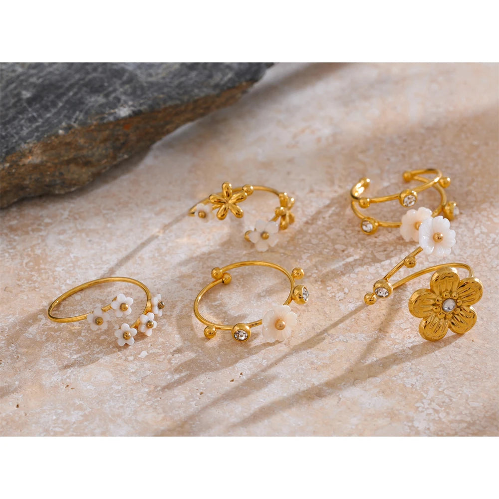 Natural Shell Zircon Flower Adjustable Open Golden Ring