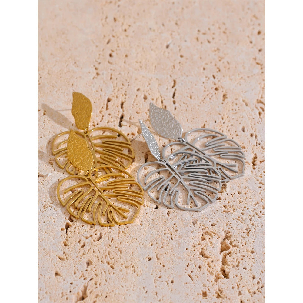 Stainless Steel Gold Color Leaf Hollow Drop Earrings