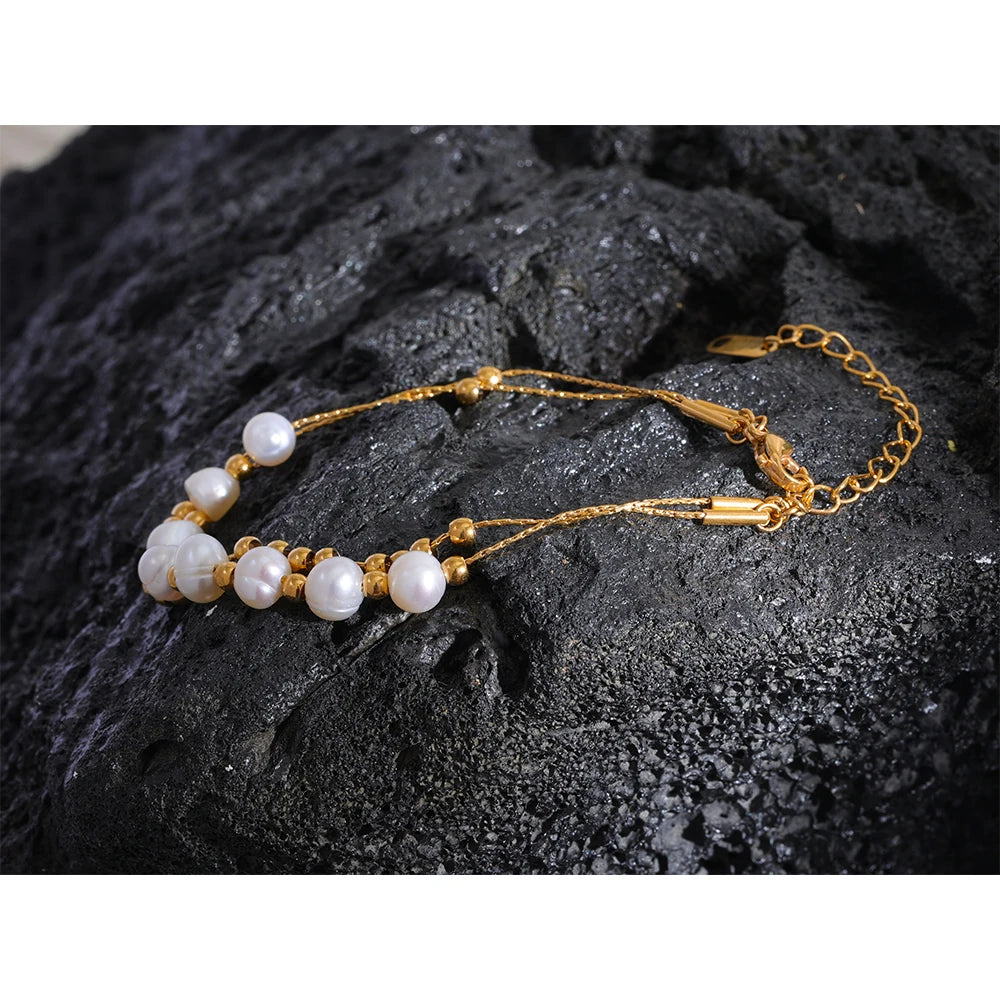 Natural Freshwater Pearls Bead Chain Stainless Steel Waterproof Bracelet