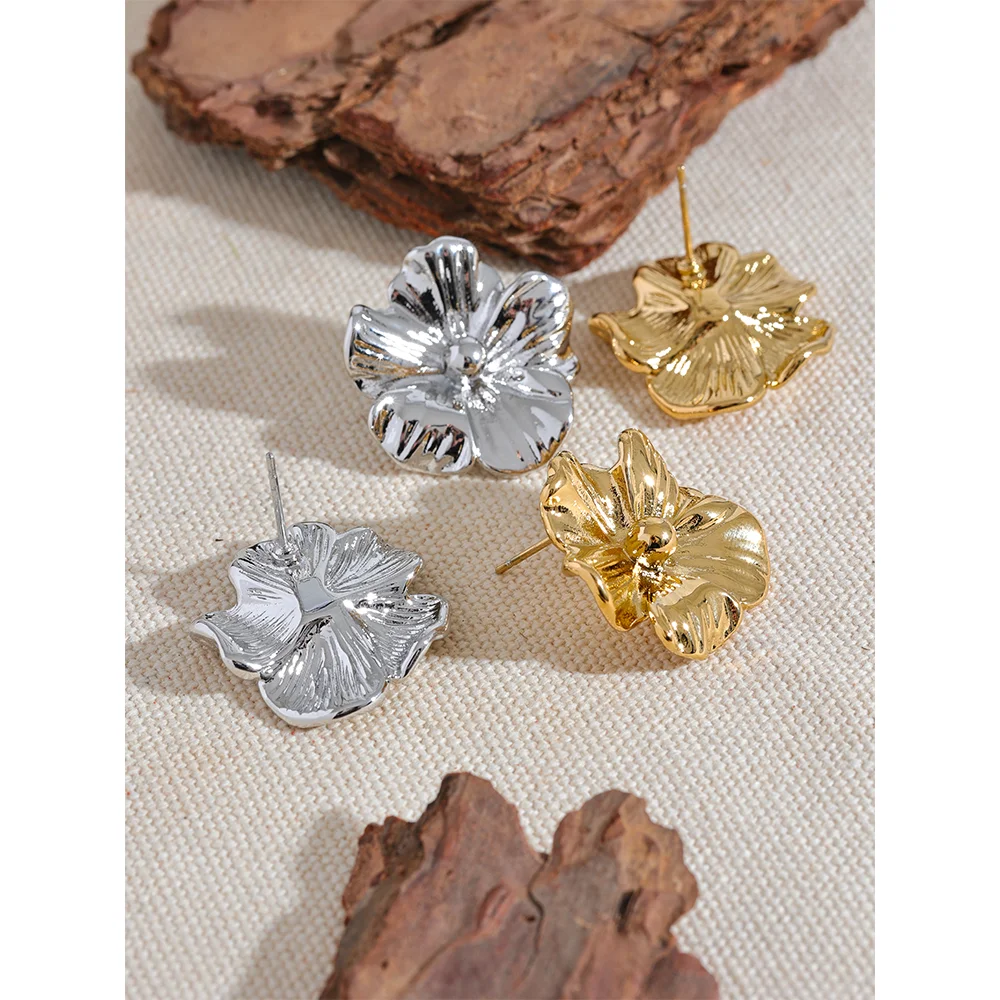 Stainless Steel Metal Flower Stud Earrings Rust Proof 18K Gold PVD Plated