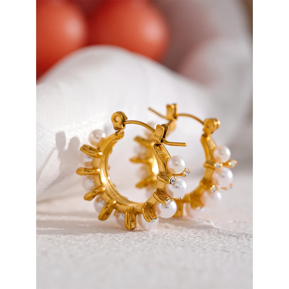 Elegant Chic Imitation Pearls Stainless Steel 18K Gold Color Zircon Hoop Earrings