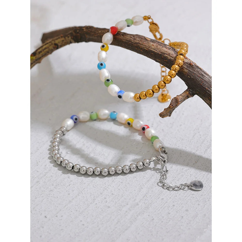 Natural Pearls Resin Eye Stainless Steel Beads Handmade Chain Bracelet