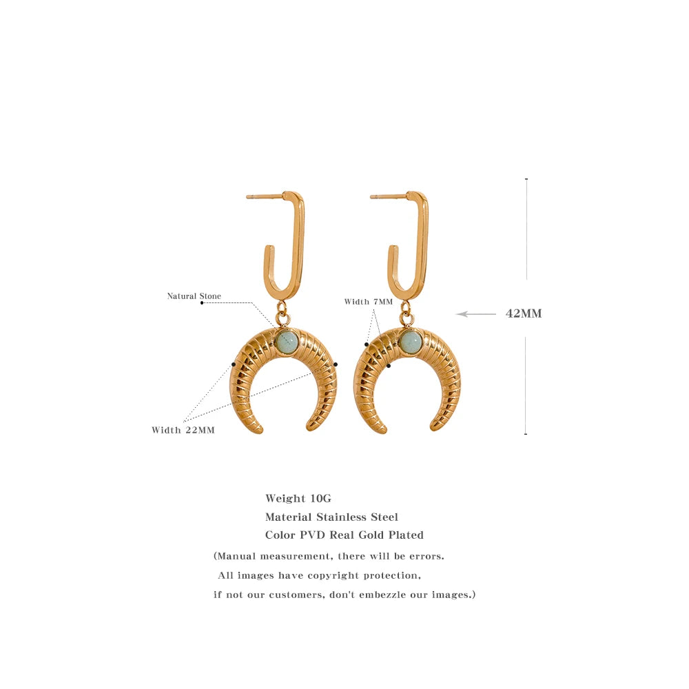 Stainless Steel Horn Moon Dangle Earrings for Women Golden Texture 18K PVD Plated Charm Jewelry