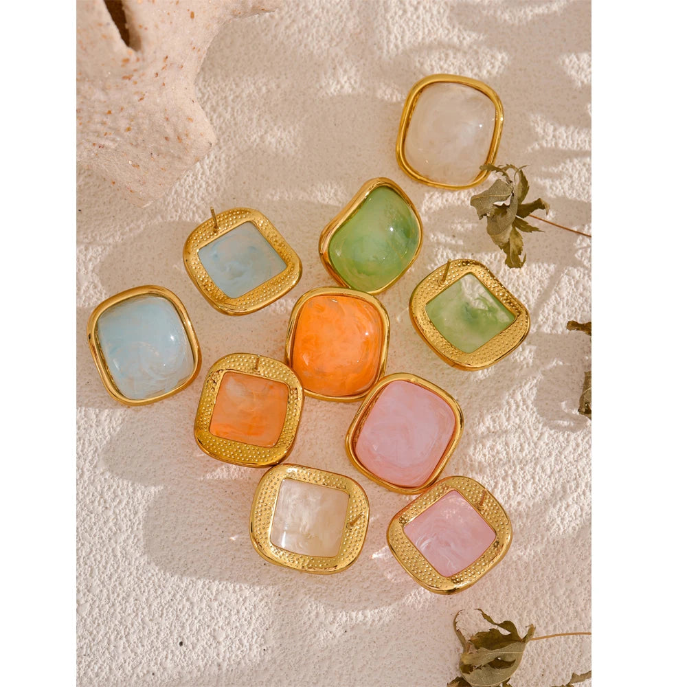 Colorful Resin Square Golden Stud Earrings