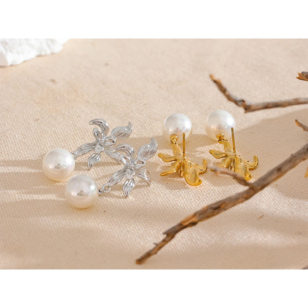 Waterproof Flower Imitation Pearls Drop Earrings