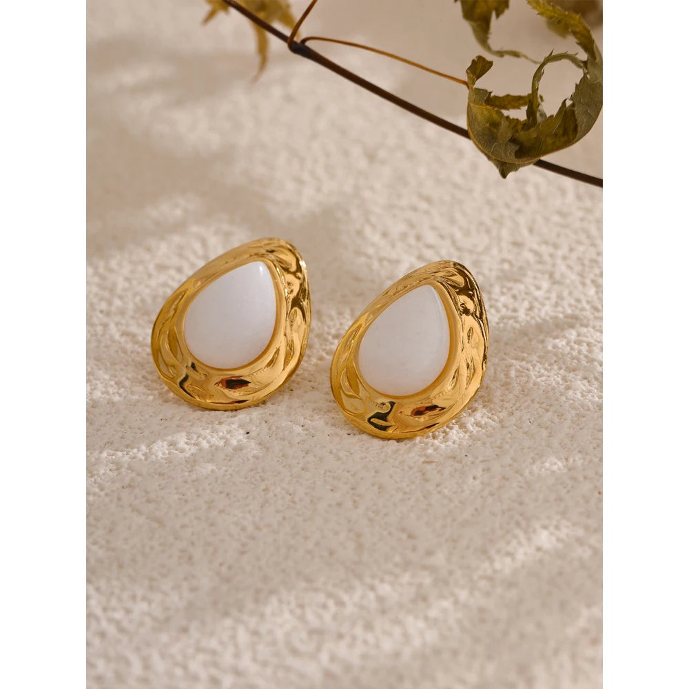 White Stone Water Drop Teardrop Golden Stud Earring