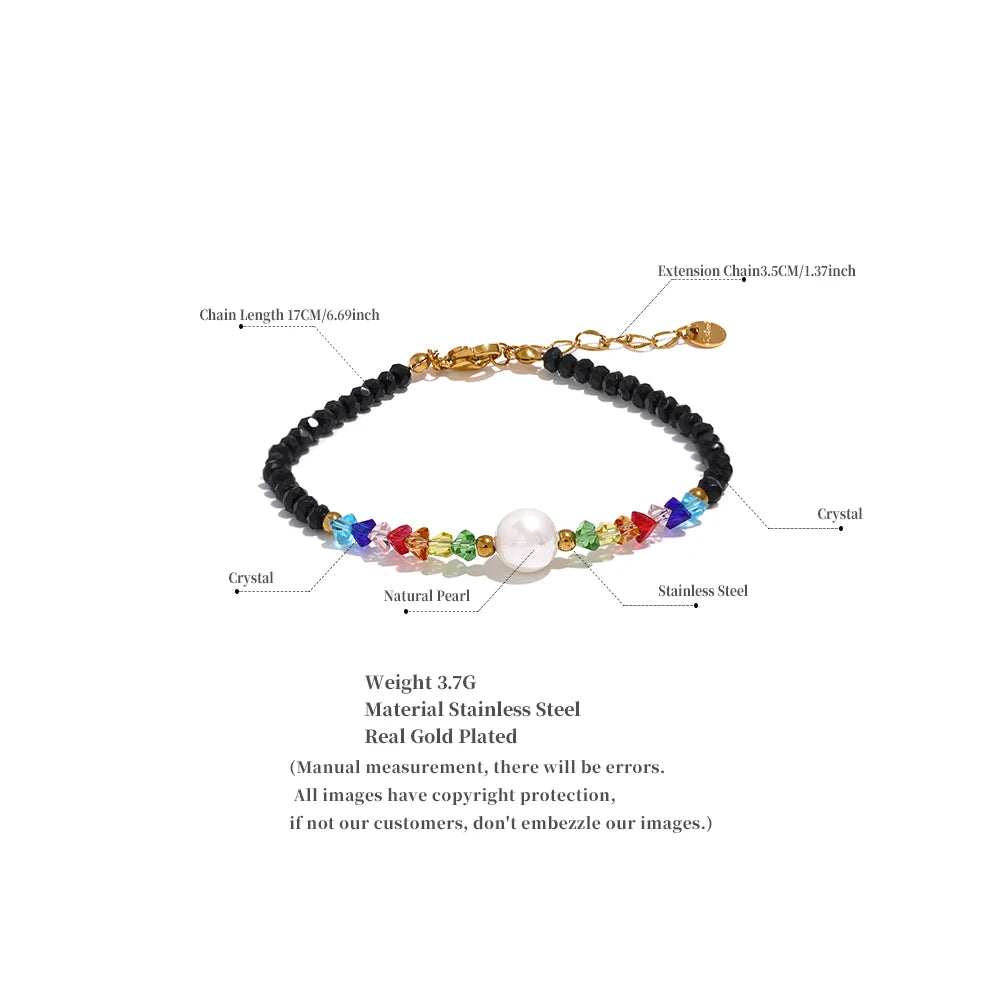 Colorful Crystal Natural Pearl Bead Chain Stainless Steel Handmade Bracelet