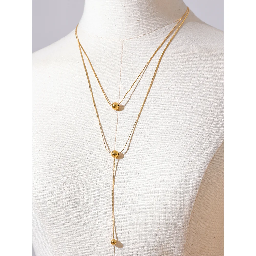 Round Bead Long Layered Fashion Necklace 18K PVD Plated