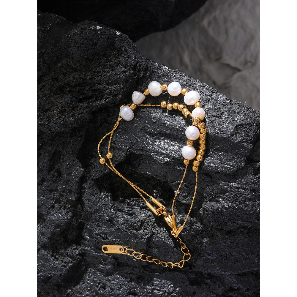 Natural Freshwater Pearls Bead Chain Stainless Steel Waterproof Bracelet