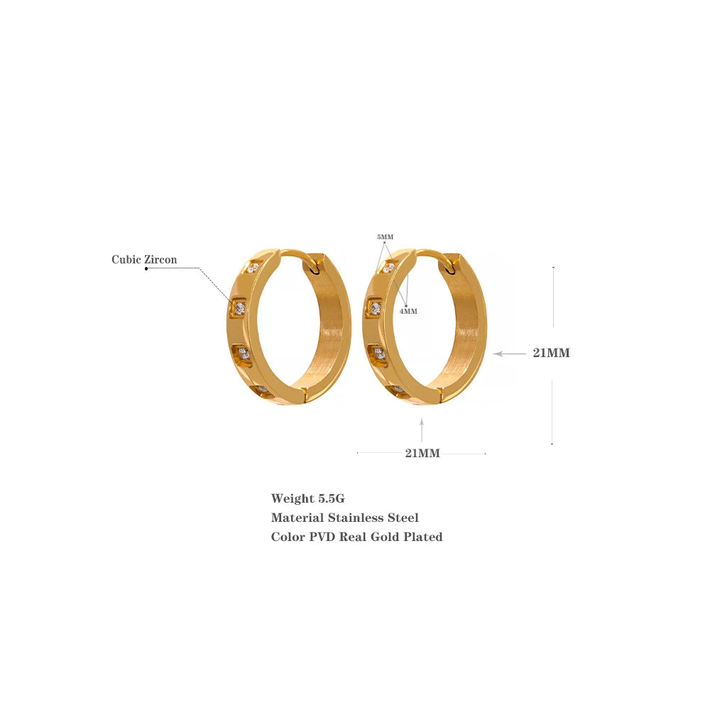 Cubic Zirconia Luxury Round Hoop Earrings Golden Stainless Steel Jewelry