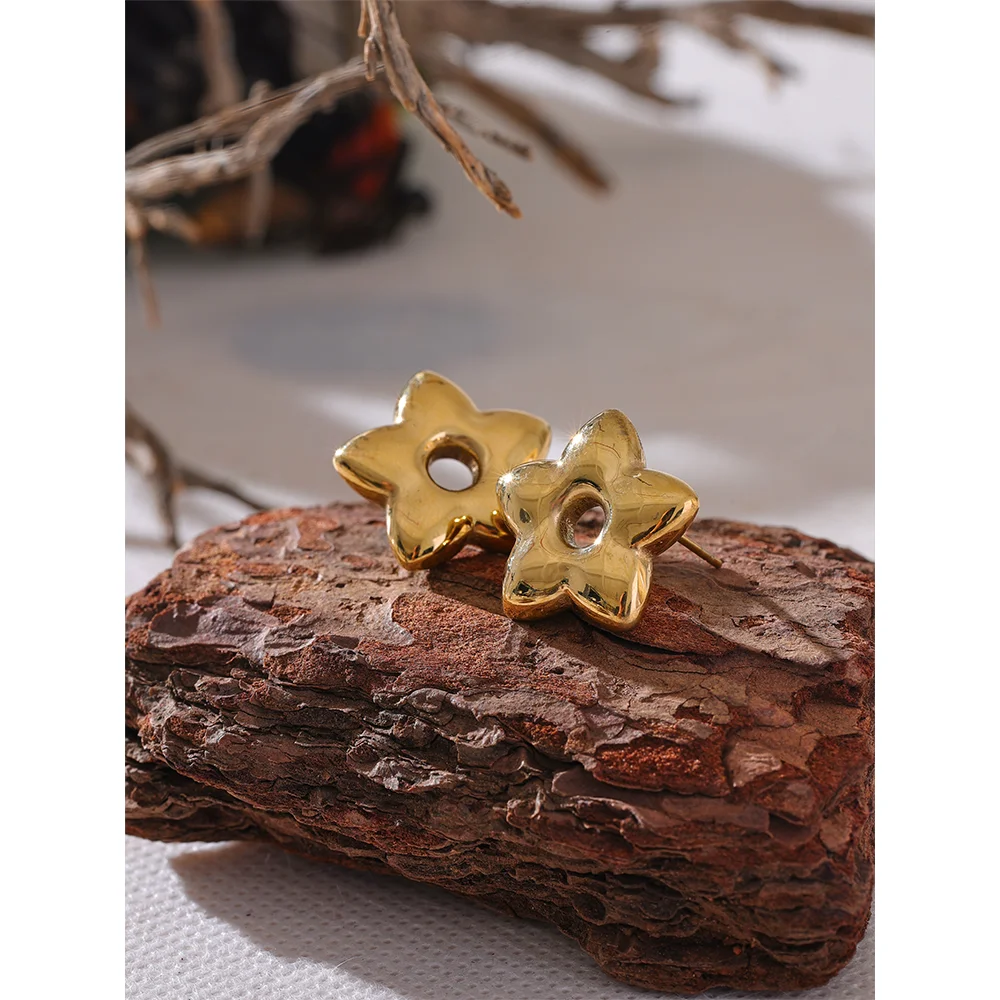 Stainless Steel Star Daily Stud Earrings Waterproof 18K Gold Plated Textured Jewelry