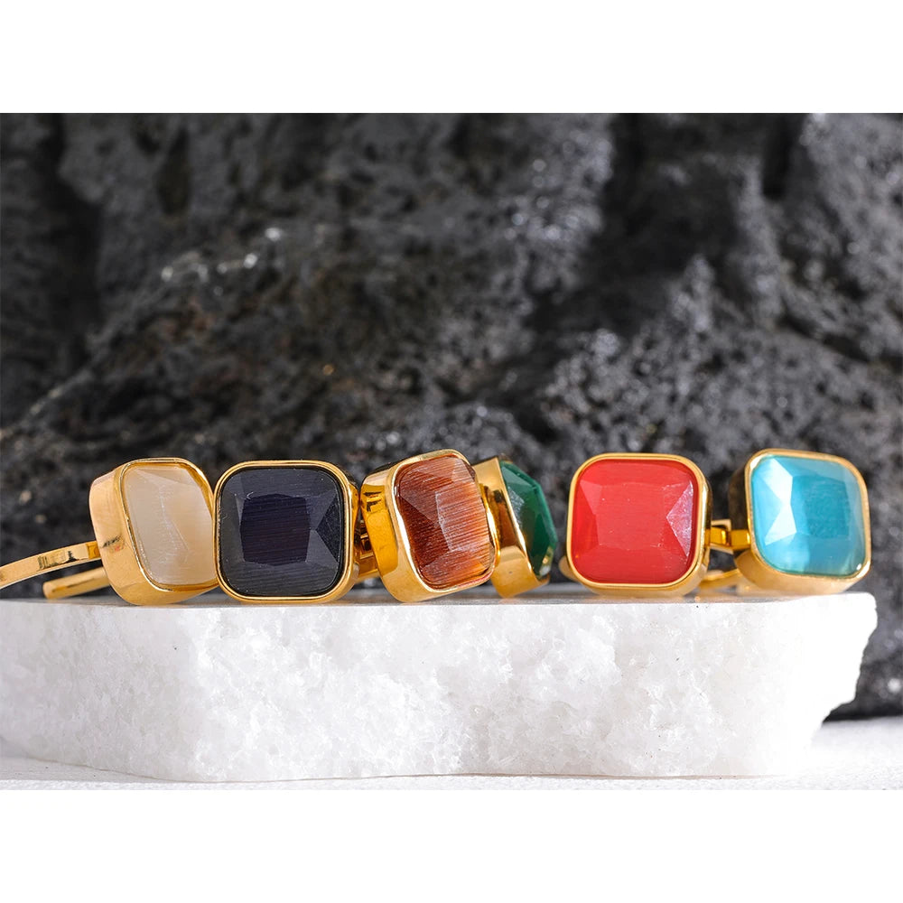 Colorful Opal Natural Cat Eye Stone Stainless Steel Square Open Ring