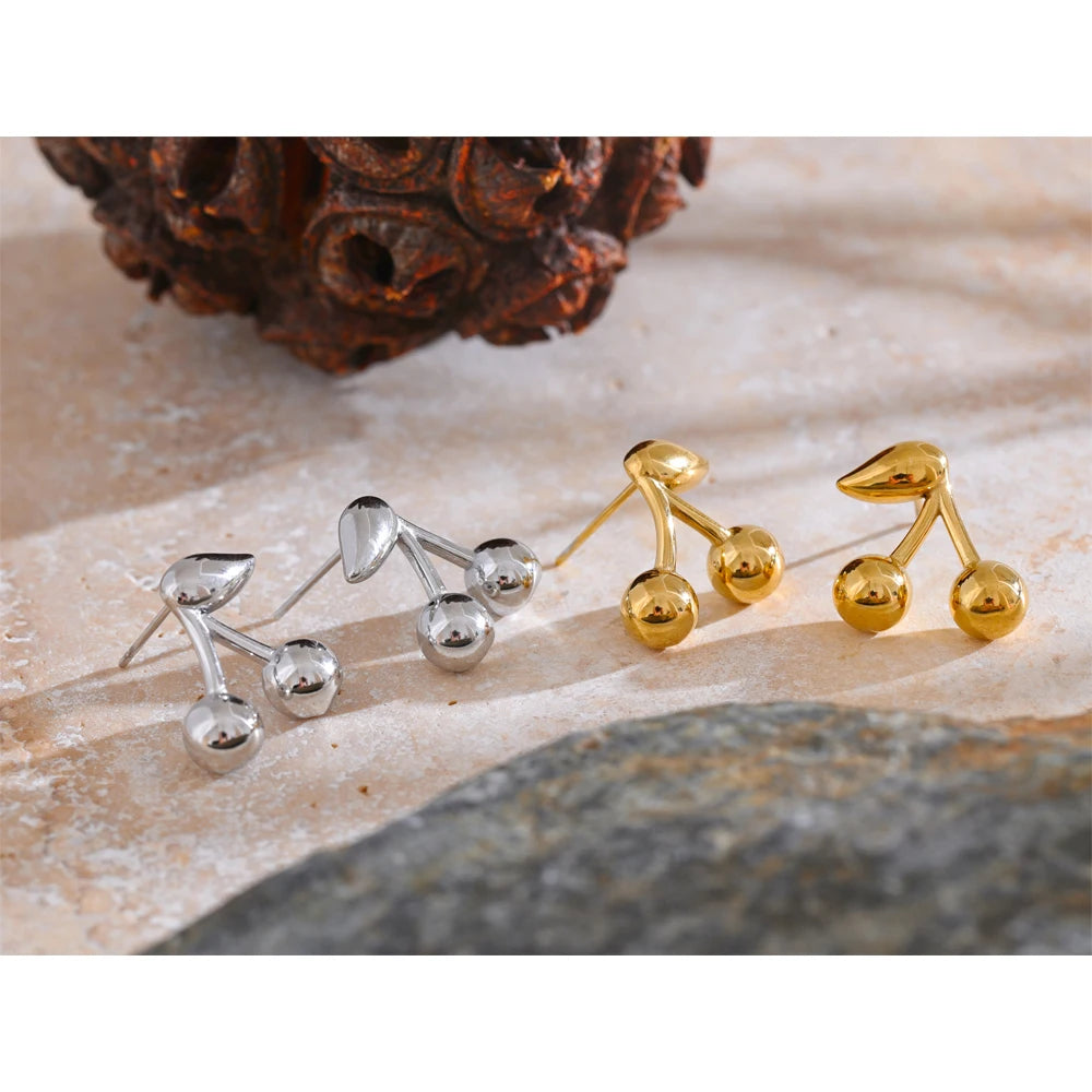 Stainless Steel Metal Chic Cherry Golden Stud Earrings