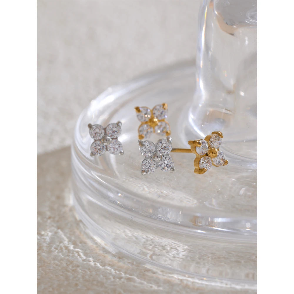 Waterproof Shiny Cubic Zirconia Flower Sweet Stud Earrings