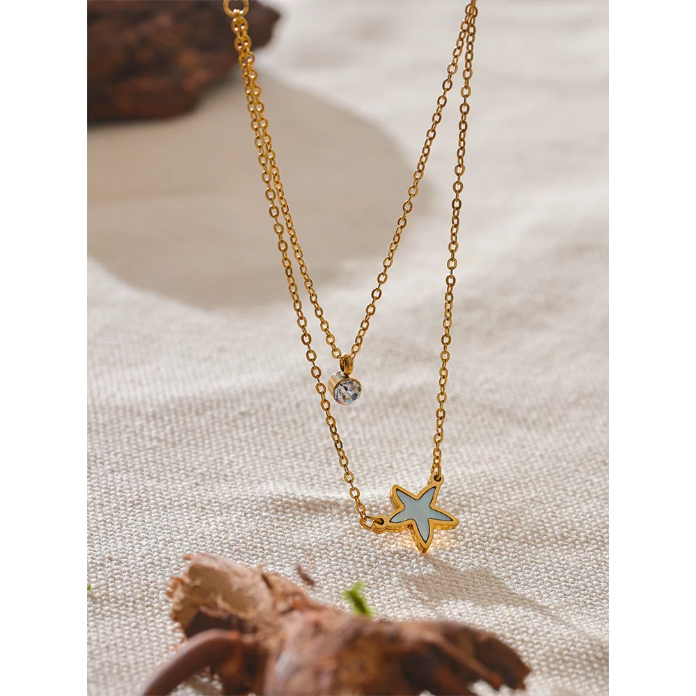 Natural Shell CZ Star Double Layer Pendant Stacking Chic Necklace