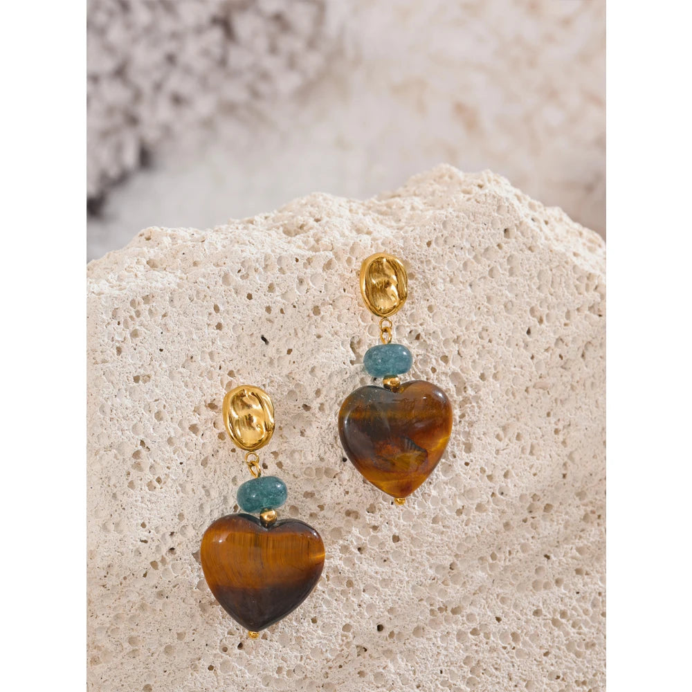 Tiger Natural Stone Heart Drop Earrings