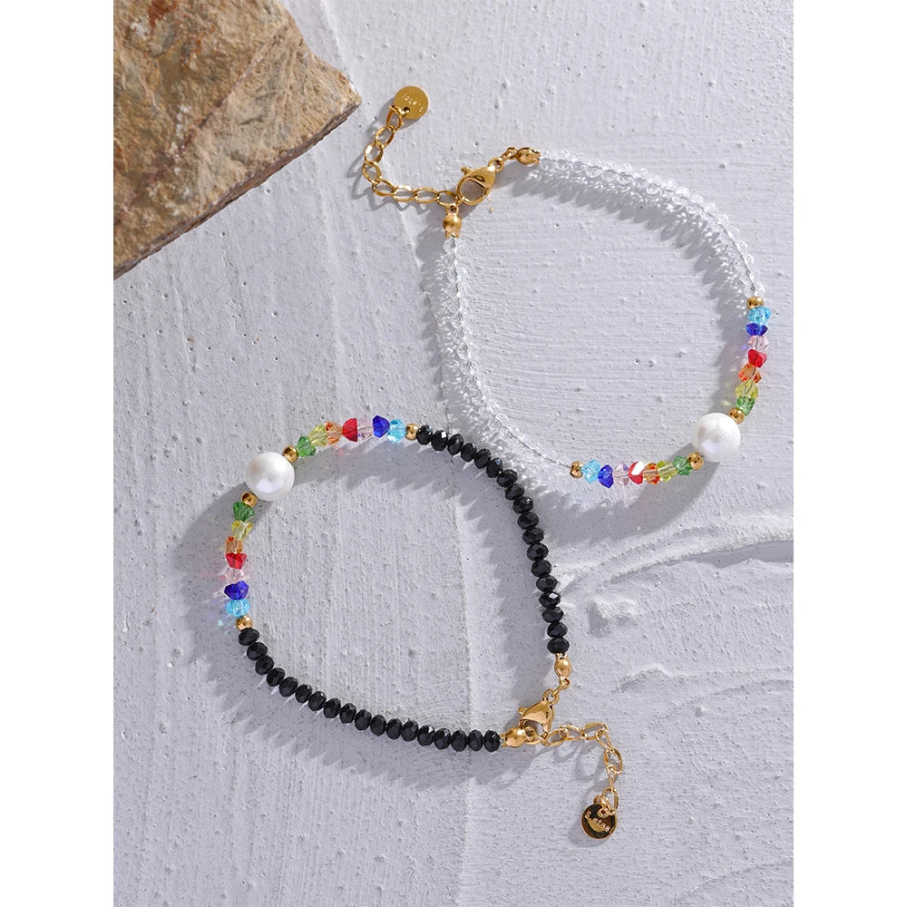 Colorful Crystal Natural Pearl Bead Chain Stainless Steel Handmade Bracelet