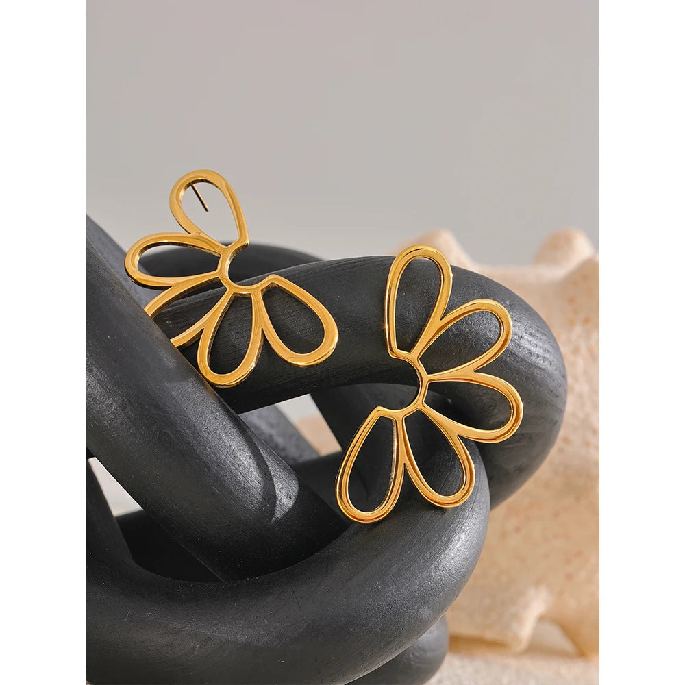 Flower Statement Big Stud Earrings 18K Gold Color PVD Plated Metal