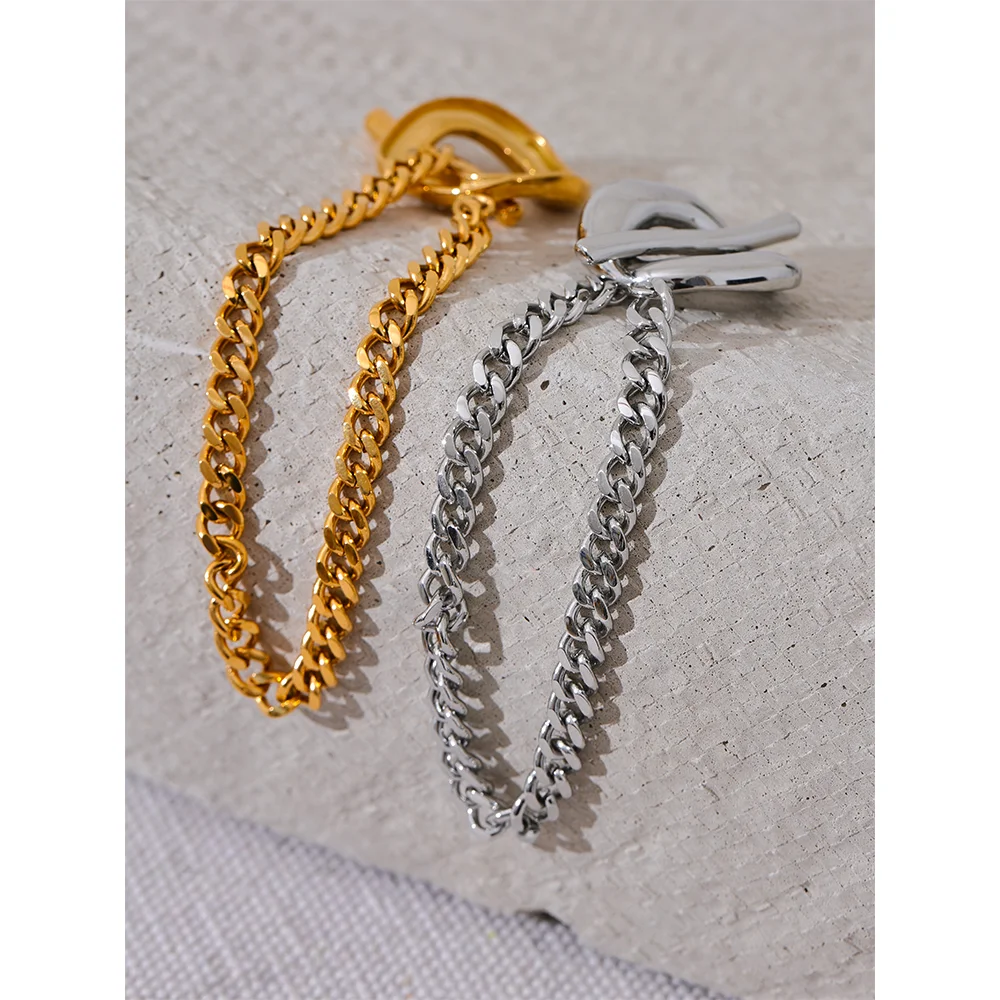 Stainless Steel Metal Chain Toggle-Clasps Bracelet Bangle 18K Gold Waterproof Plated