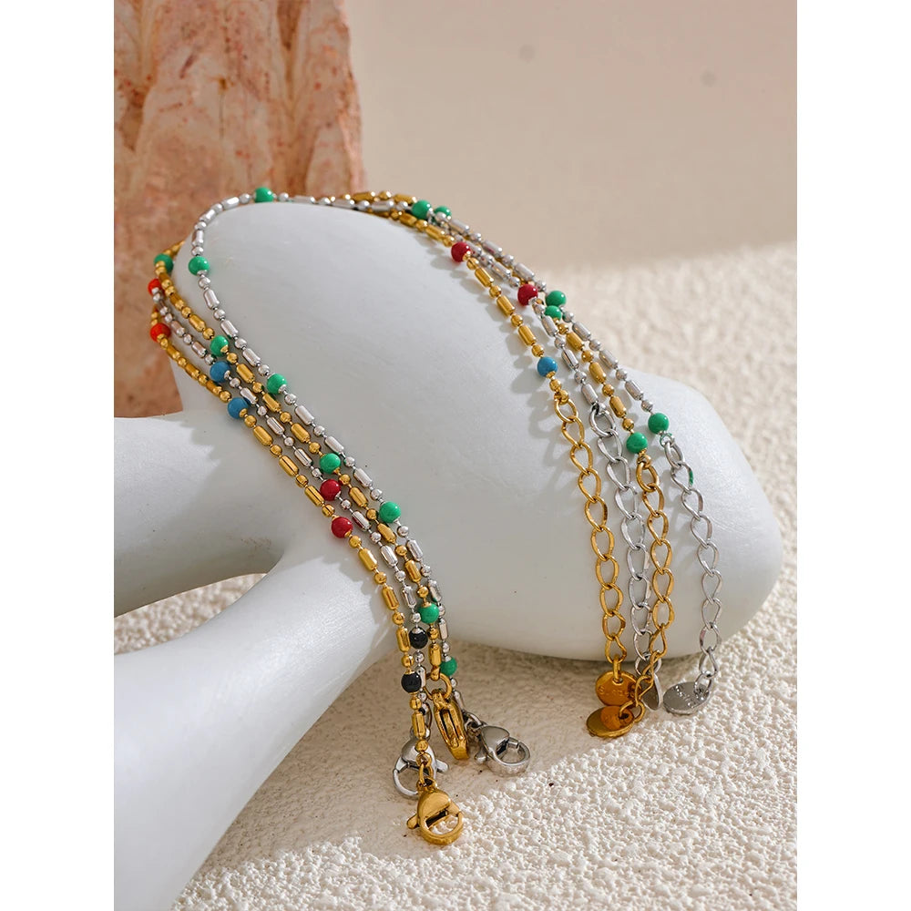 Colorful Enamel Beads Chain Bracelet 18K PVD Plated