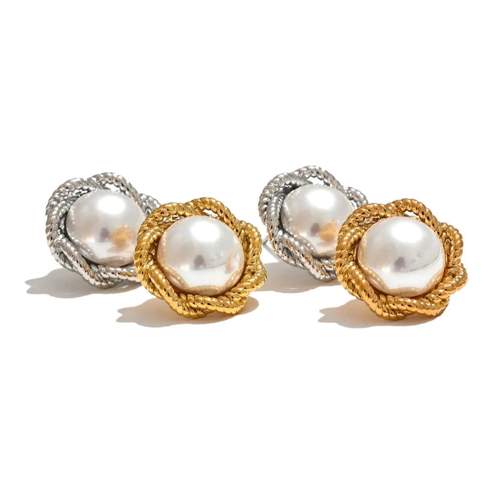 Simulated-Pearl Round Flower Stud Earrings