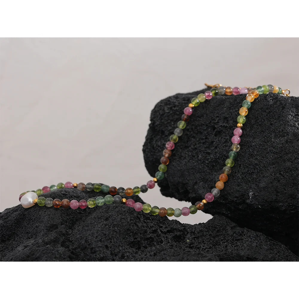 Multicolor Natural Tourmaline Stone Pearl Semi-precious Beads Luxury Necklace Handmade