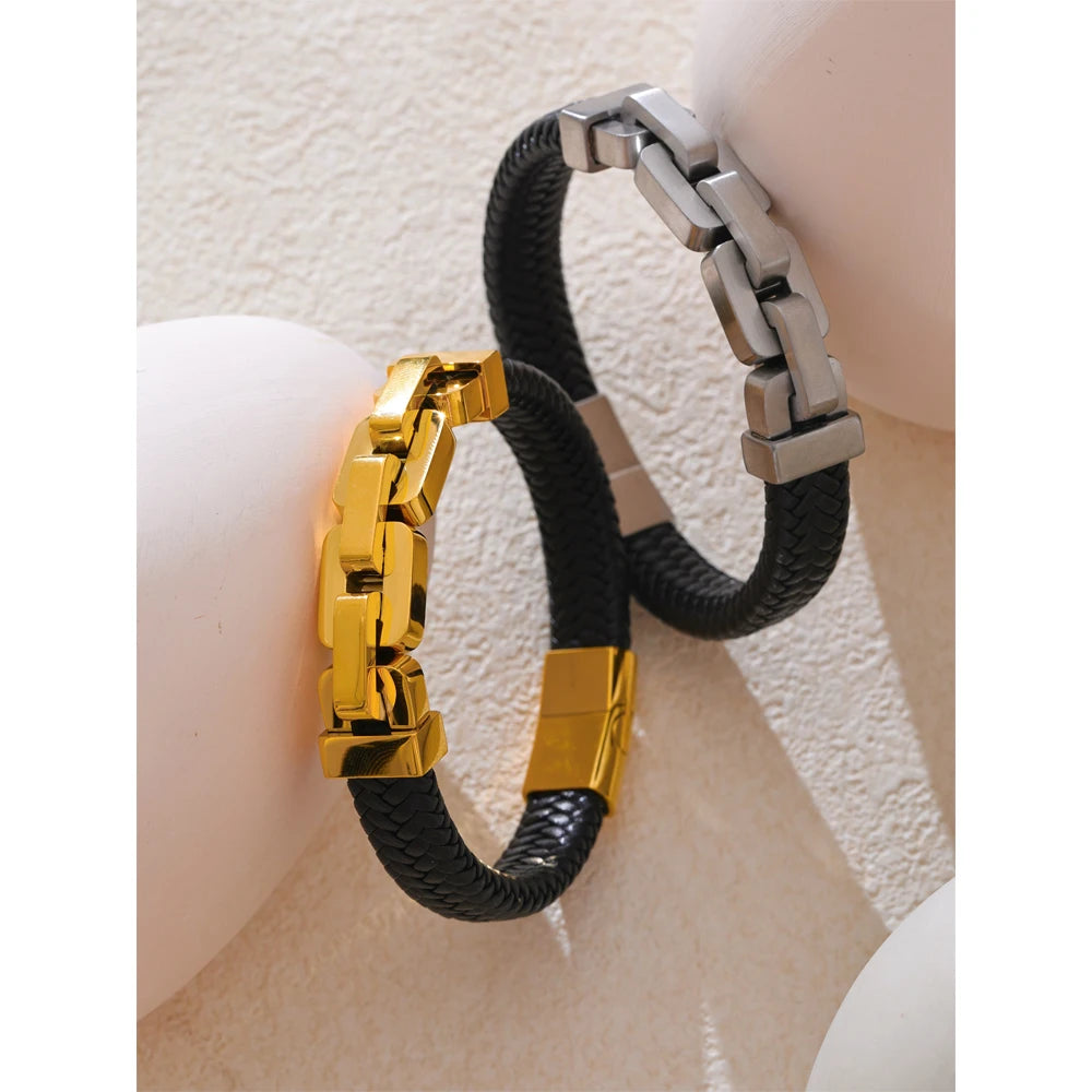 18K PVD Plated Stainless Steel Metal Chain Leather Handmade Bracelet