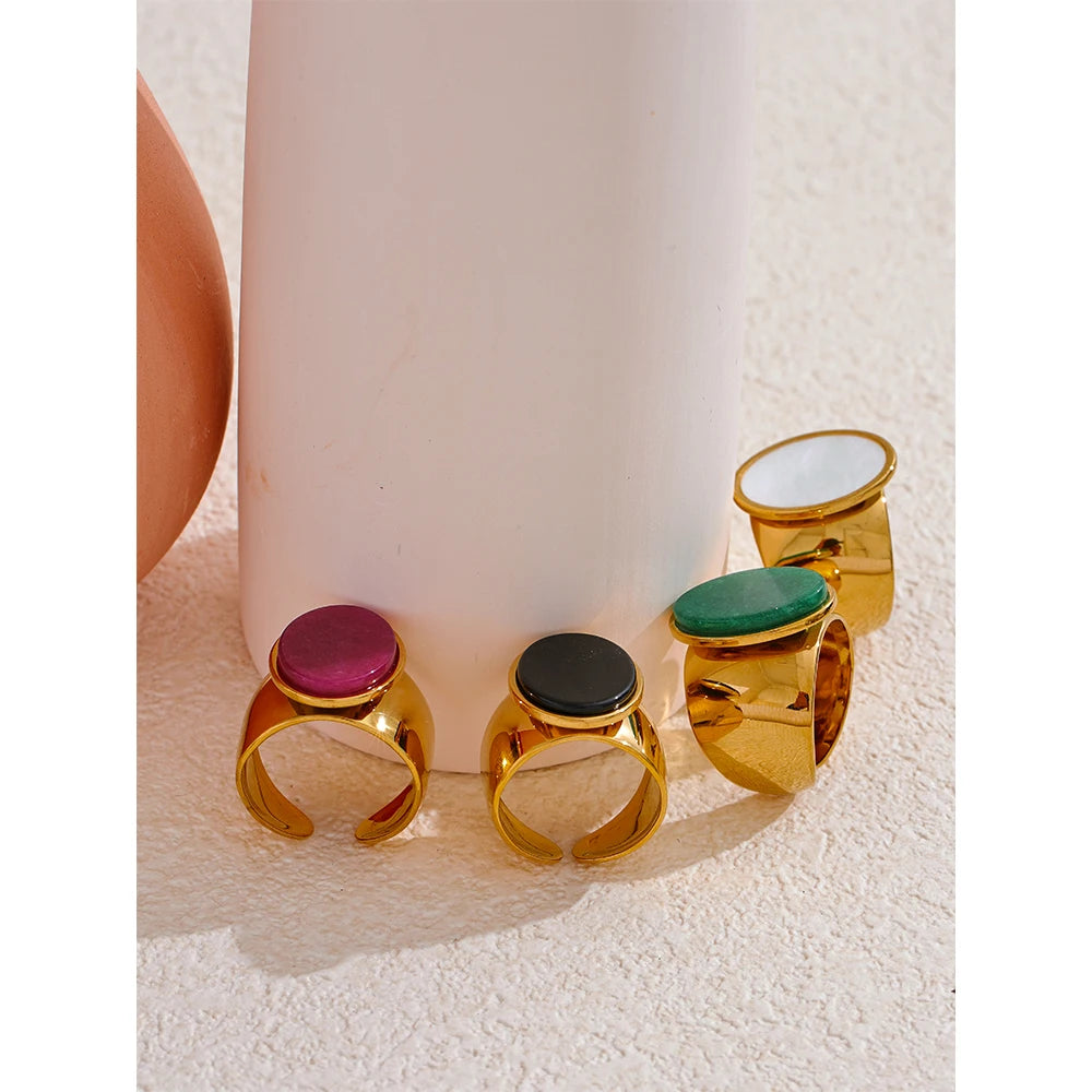 PVD Plated Stone Stainless Steel Gold Color Wide Ring