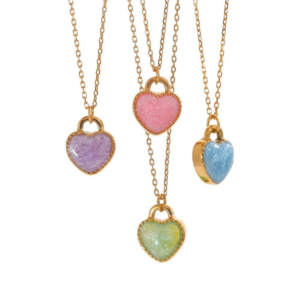 Waterproof Fashion Colorful Double-Sided Enamel Heart Love Sweet Candy Pendant Necklace