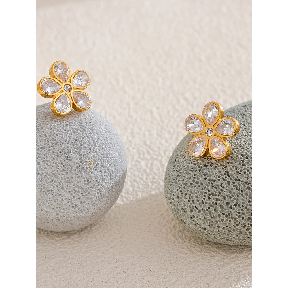 Cubic Zirconia Flower Golden Stud Earrings