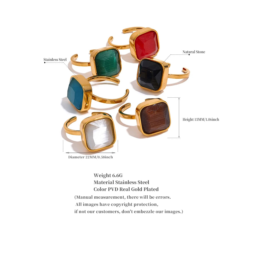 Colorful Opal Natural Cat Eye Stone Stainless Steel Square Open Ring