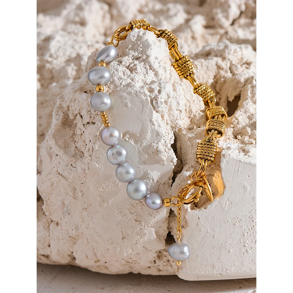 Luxury Natural Freshwater Pearl Grey Beads Metal Wrist Bracelet