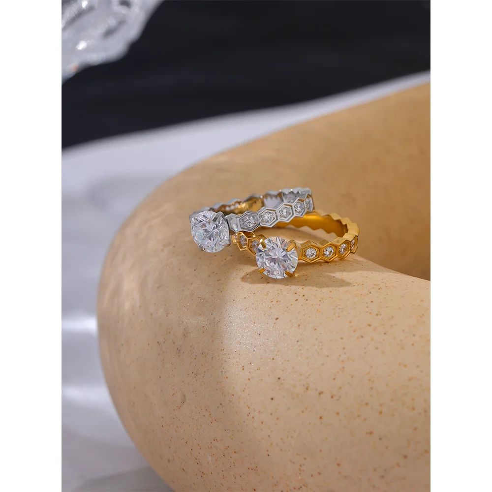 Zirconia Classic Ring 2024 Stainless Steel CZ 18k Gold PVD Plated Jewelry