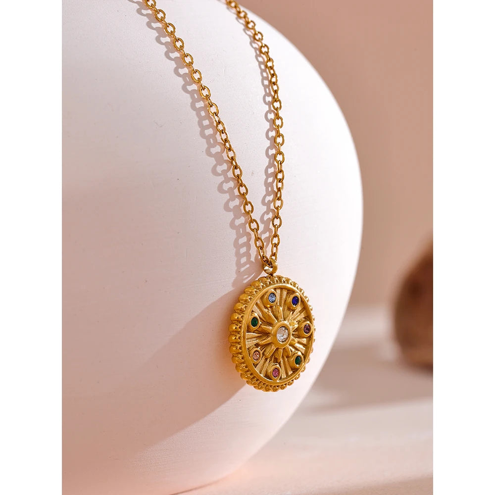 Colorful Zircon Star Round Pendant Necklace 18k Gold Color